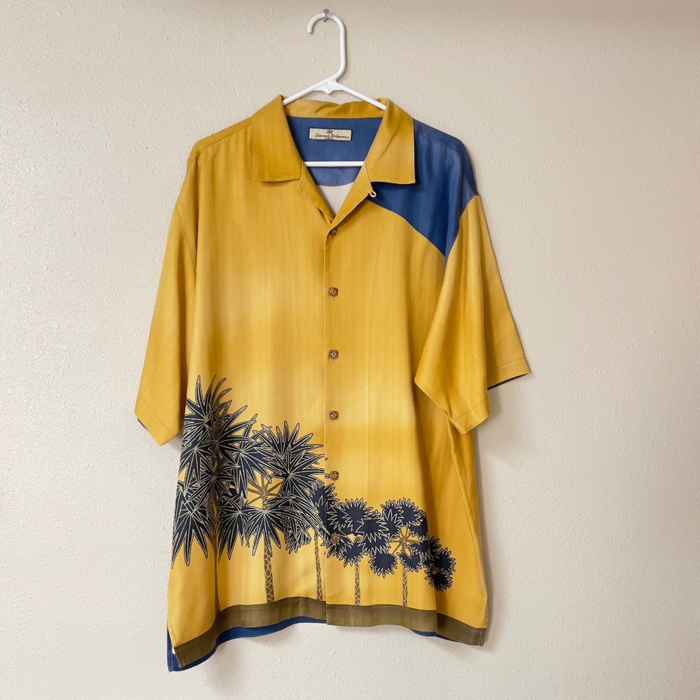Tommy Bahama Gold Ombré w/Blue Palm Tree Print Silk Short Sleeve Camp Shirt XL